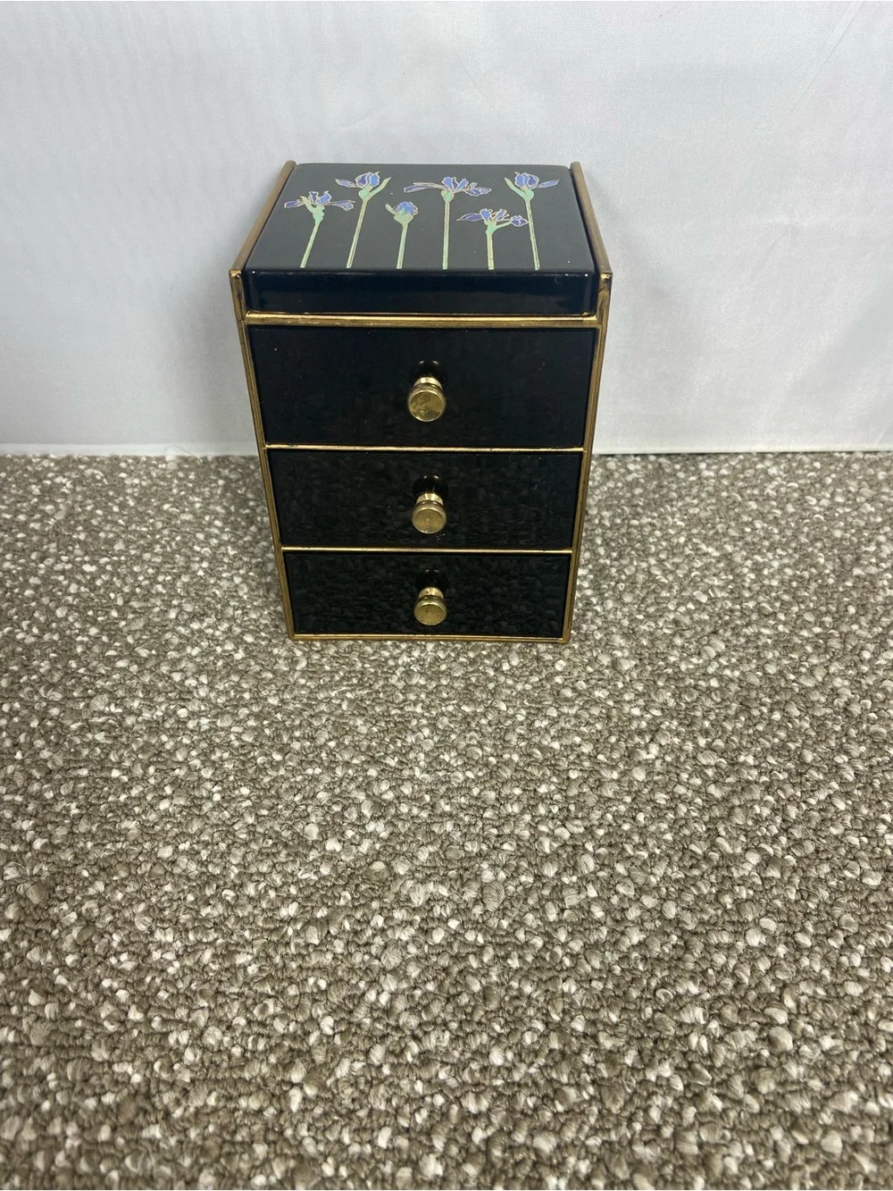 Vintage Otagiri  Lacquerware Three-Drawer Jewelry Organizer Box with Mirror.